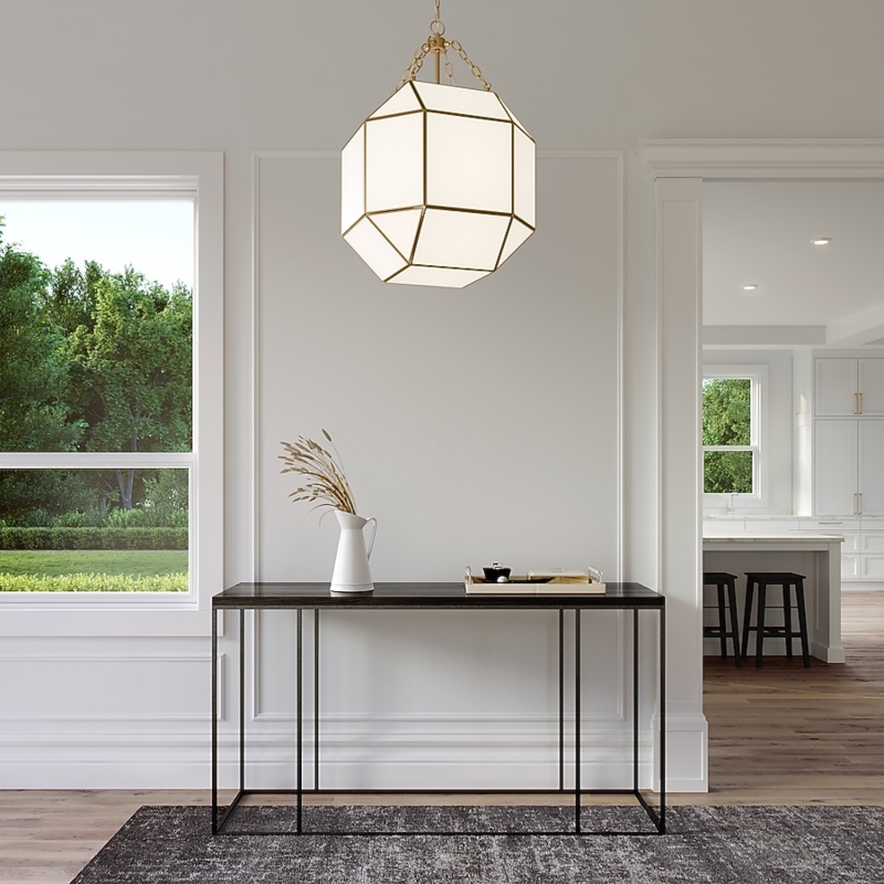 Lantern Pendant Light Satin Brass White Glass Panels Traditional Foyer