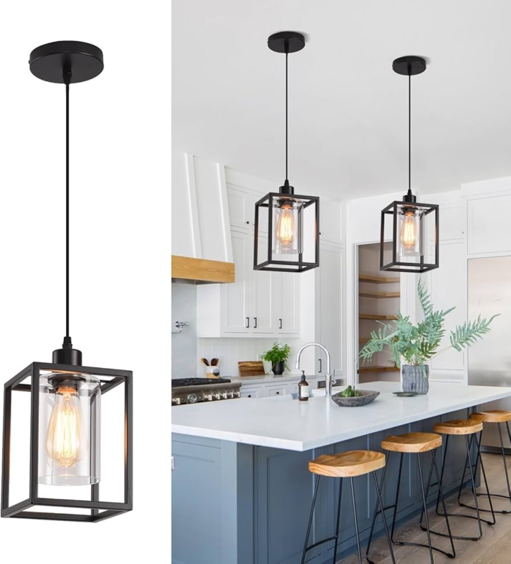 Lantern Pendant Lights Trio Matte Black Industrial Farmhouse Island Set.