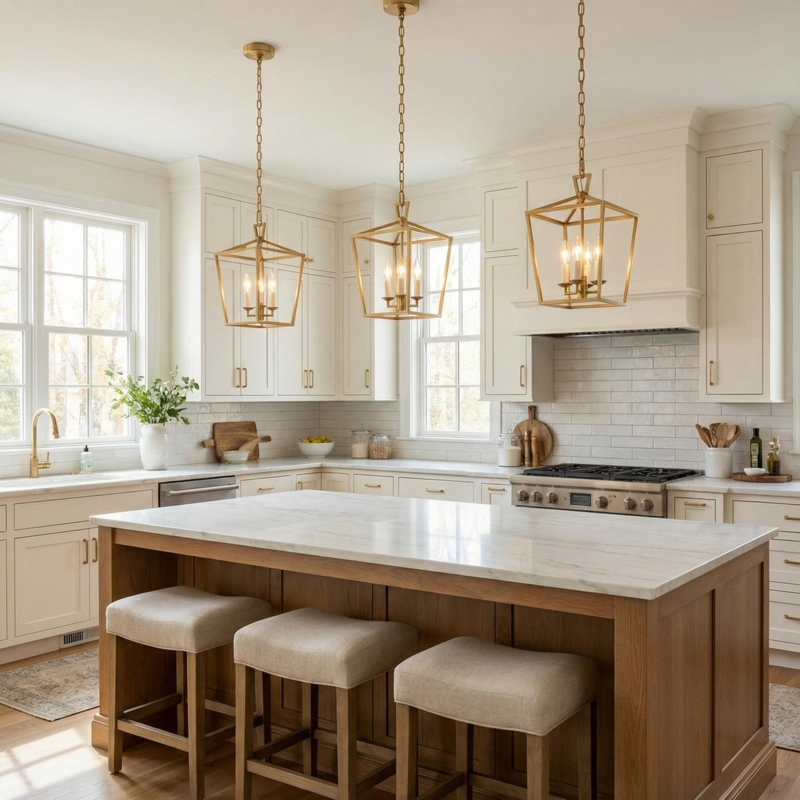 Lantern Pendant: Satin Brass Open Frame Geometric Light