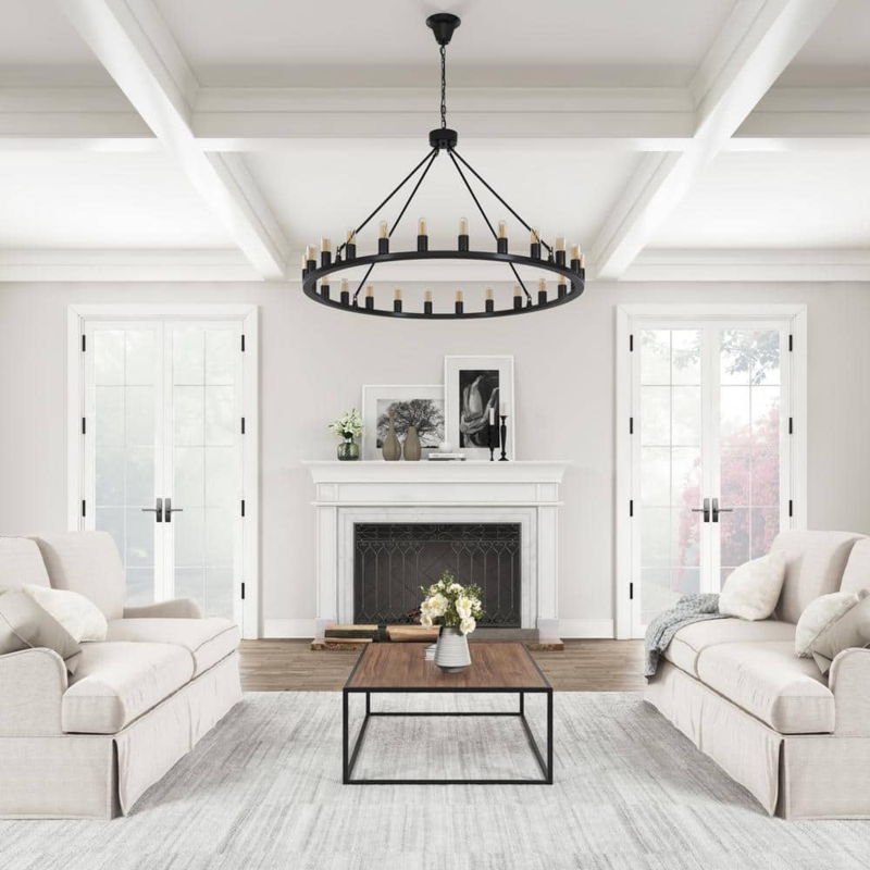Large 24-Light Matte Black Wagon Wheel Chandelier for Dining Rooms