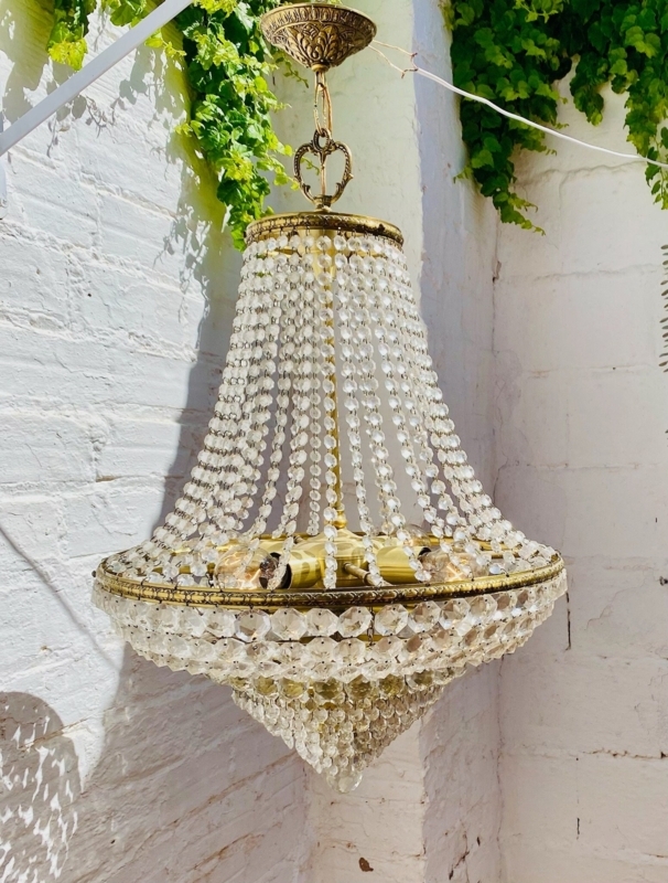 Large Antique French Empire Chandelier, Tiered Crystal Basket