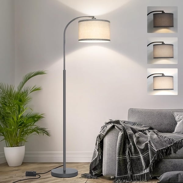Large Arc Floor Lamp with Overhanging Drum Shade in Matte Black