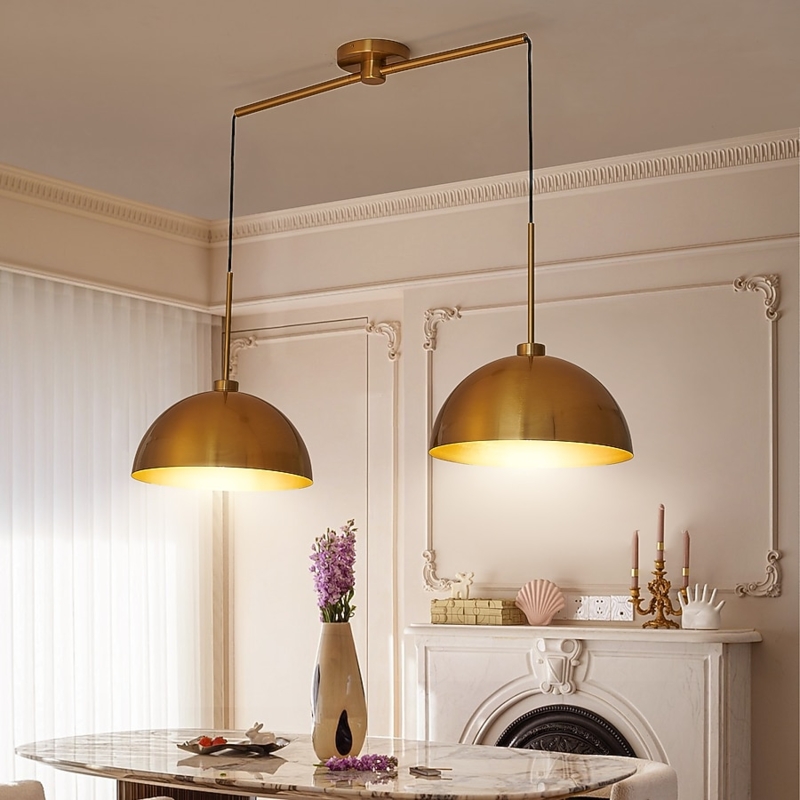 Large Brushed Gold Dome Pendant Light with Sleek Downrod