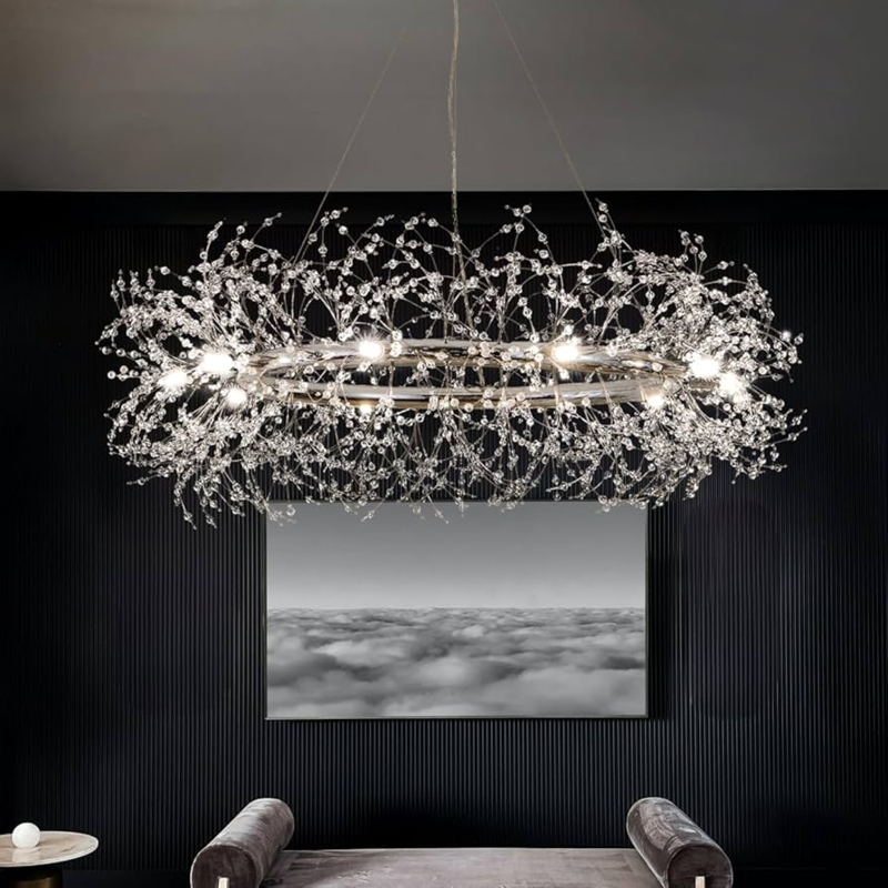 Large Crystal Chandelier Multi-Tiered Polished Chrome Round Glam
