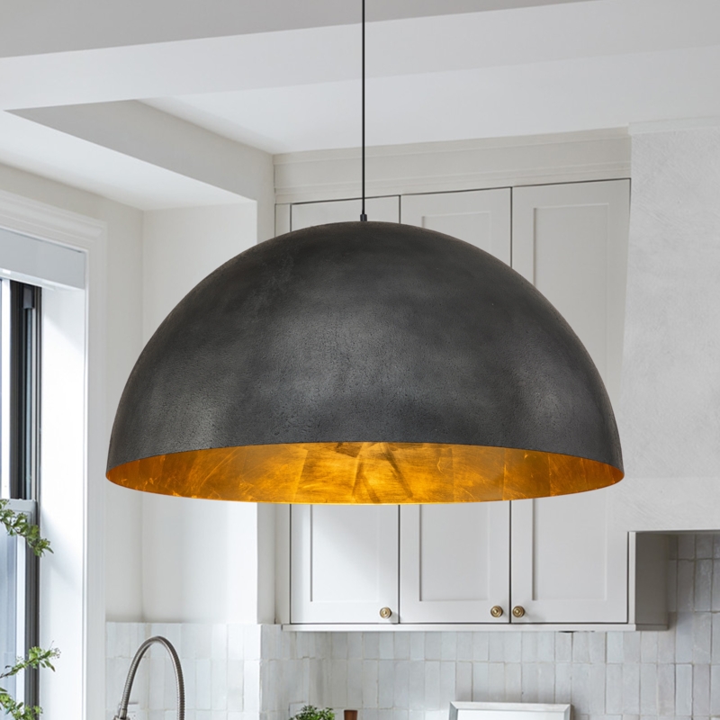 Large Dome Pendant Light Matte Black Wide Aperture Cord Hung