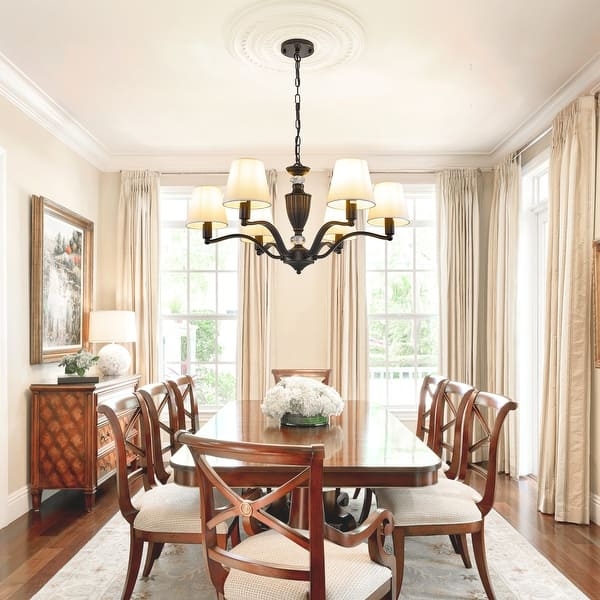 Large Drum Chandelier, Matte Black and Linen Fabric