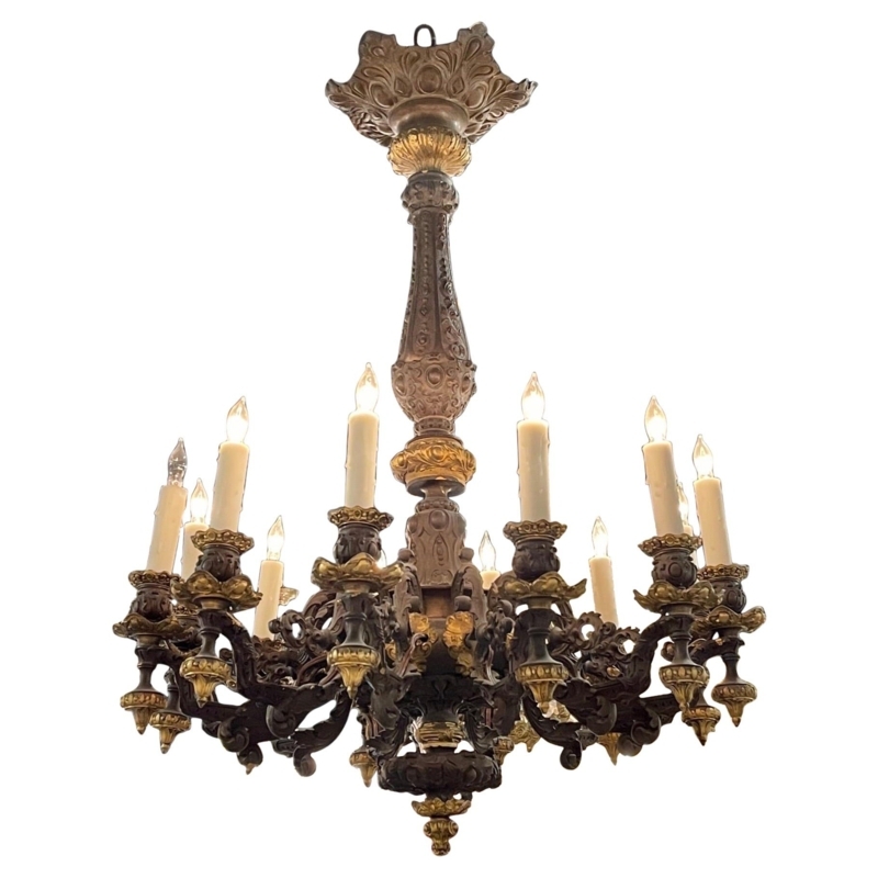 Large French Bronze Chandelier, 12-Light with Tiered Scrolling Arms