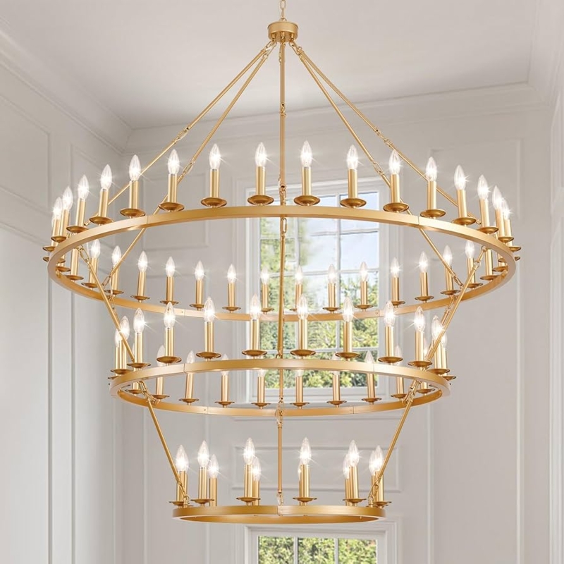Large Gold Wagon Wheel Chandelier, 72-Light Dining Room Fixture
