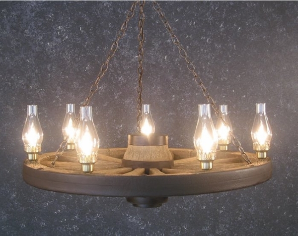 Large Lodge-Style Wood Wagon Wheel Chandelier with Metal Spokes
