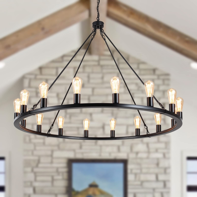 Large Matte Black 16-Light Wagon Wheel Chandelier for High Ceilings