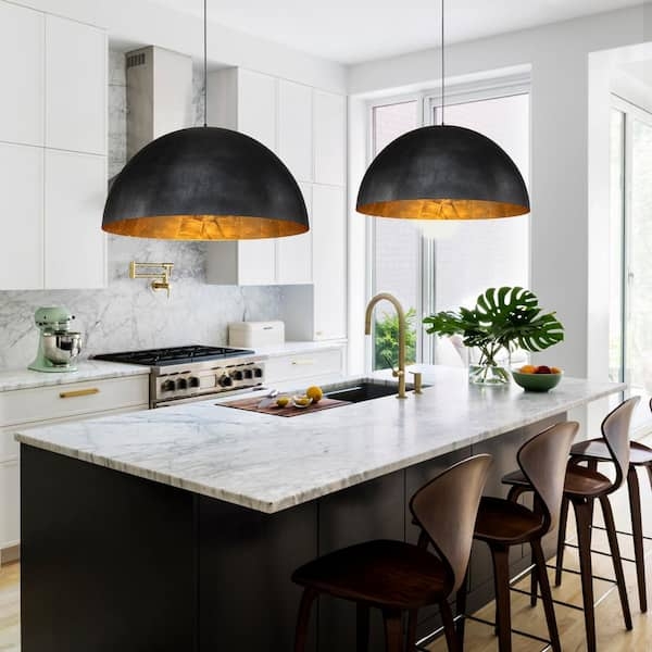 Large Modern Farmhouse Dome Pendant, Black and Gold Leaf