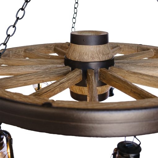Large Rustic Wagon Wheel Chandelier with Hanging Lanterns for Lodge