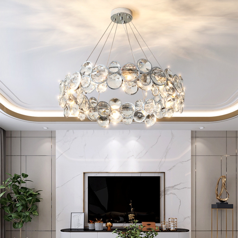 Large Scale Round Chandelier Ribbed Crystal Effect Polished Chrome
