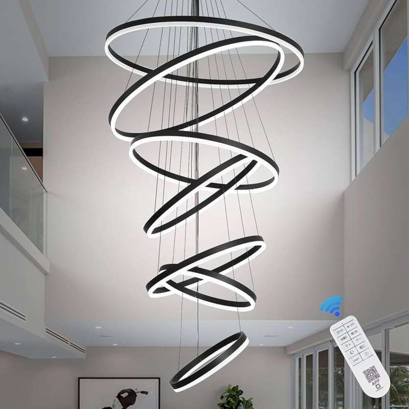 Large Seven-Ring Black Chandelier Matte Finish LED
