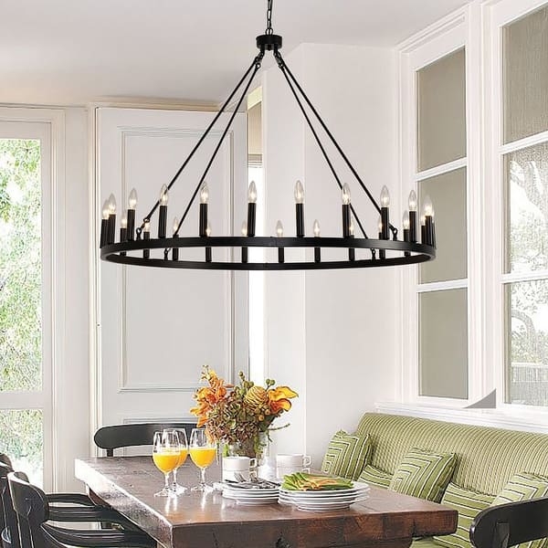 Large Two-Tier Black Wagon Wheel Chandelier for Vaulted Ceilings