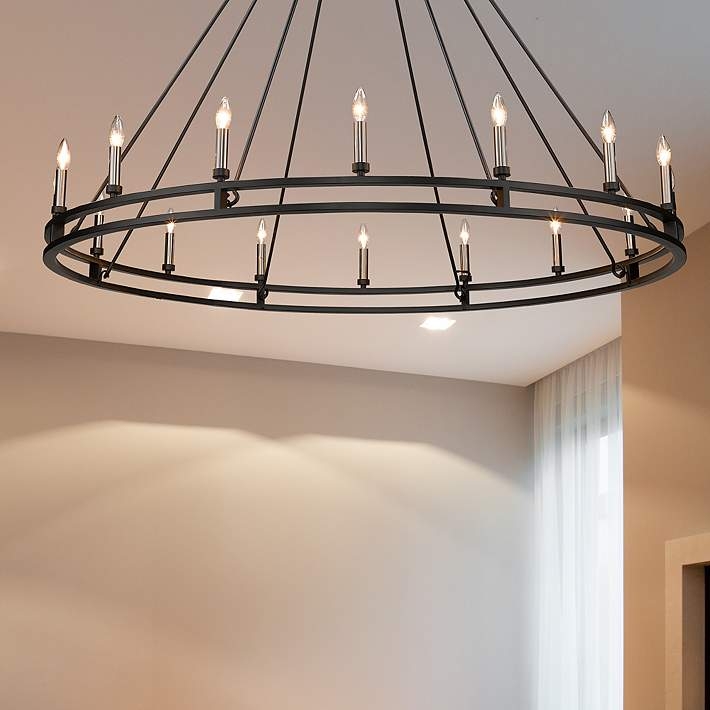 Large Wagon Wheel Chandelier Matte Black Two-Tier Exposed Sockets (70 characters)