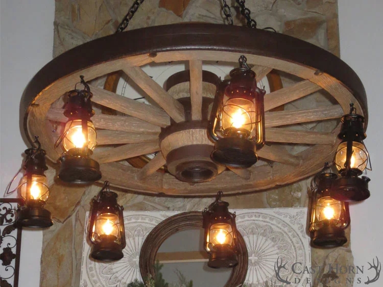 Large Wood and Black Wagon Wheel Chandelier with Lanterns