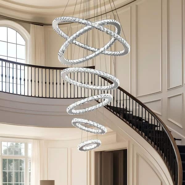 LED Ring Chandelier Six Chrome Loops Geometric High Ceiling
