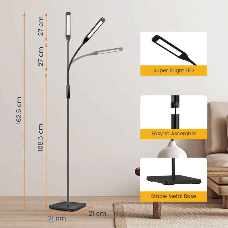 LED Task Floor Lamp with Rectangular Head and Flexible Gooseneck
