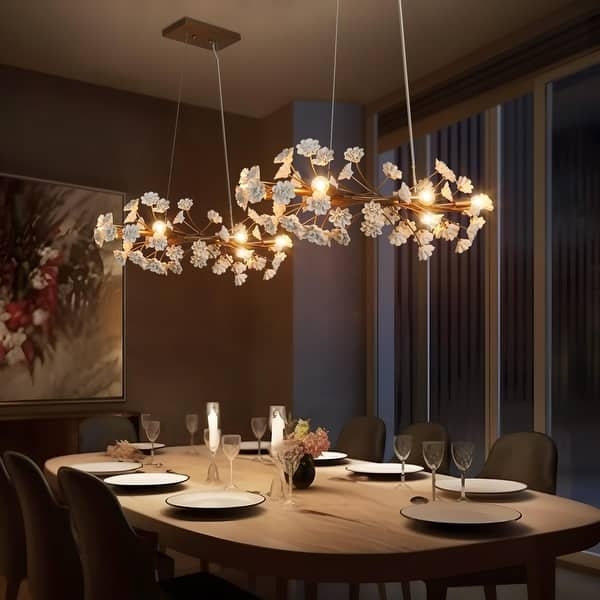Linear Branch Chandelier, Gold with Ceramic Flower Accents
