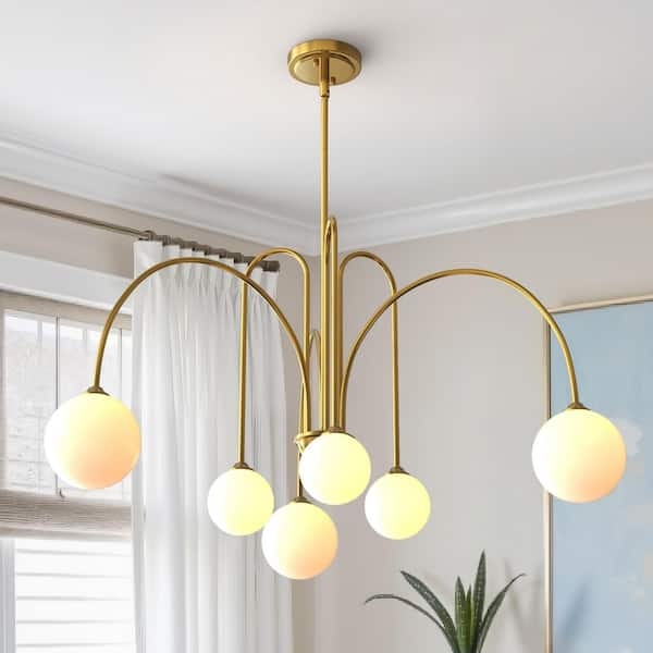Linear Brass Chandelier, Frosted Glass Globes, 6-Light Span.
