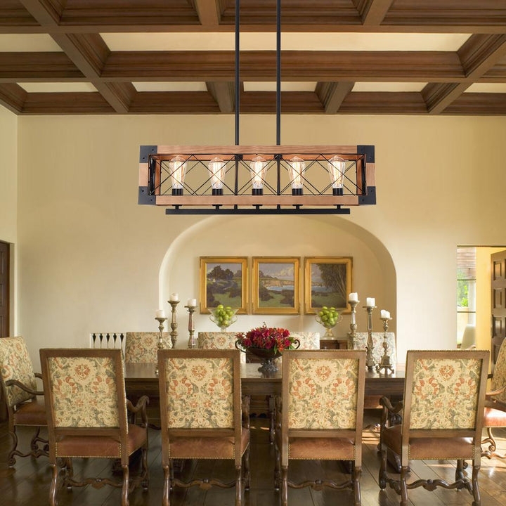Linear Chandelier 5-Light Rectangular Mixed Material Frame Glass