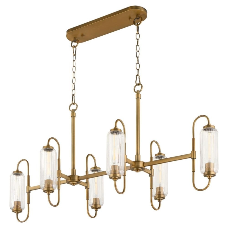 Linear Chandelier 6-Light Brushed Brass Clear Cylindrical Glass