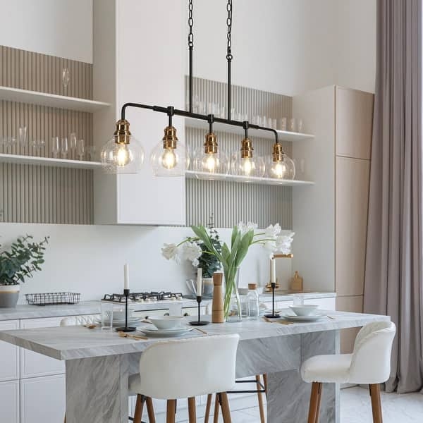 Linear Chandelier: Black and Brass Five-Light with Seeded Glass Shades