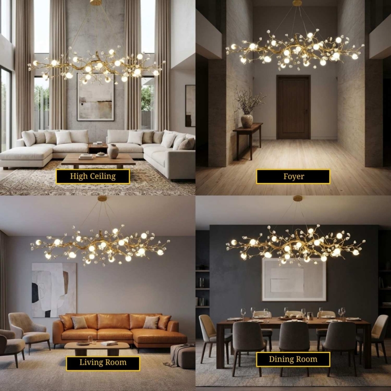 Linear Chandelier Branch Silhouette, Polished Copper with Integrated LED.