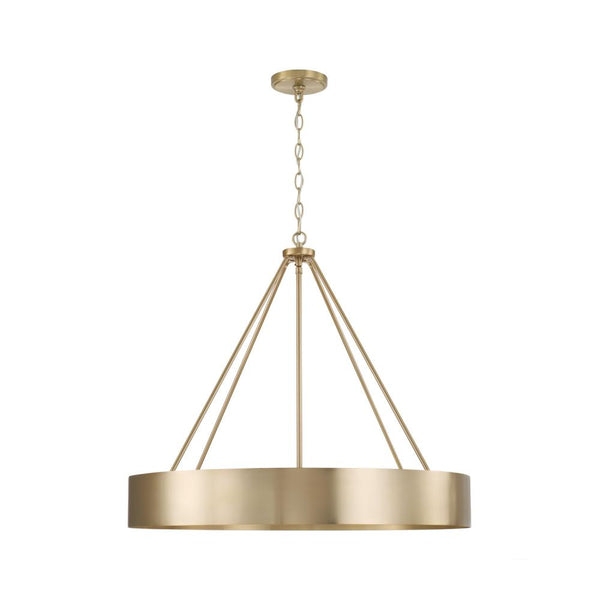Linear Chandelier, Brushed Brass Finish with Four White Cylindrical Shades