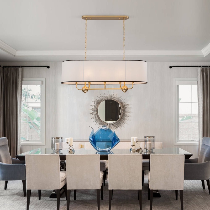 Linear Chandelier Brushed Brass Oval Drum Shade Modern Pendant Light