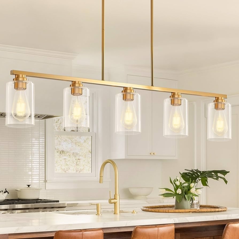 Linear Chandelier Brushed Gold 5-Light Open Frame over Dining Table