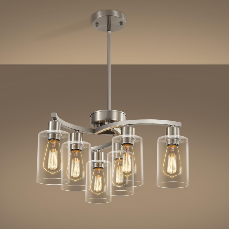 Linear Chandelier Brushed Nickel Clear Shades Modern Dining Room