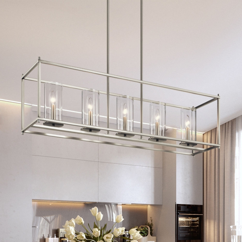 Linear Chandelier Brushed Nickel Cylindrical Glass Modern Island Light