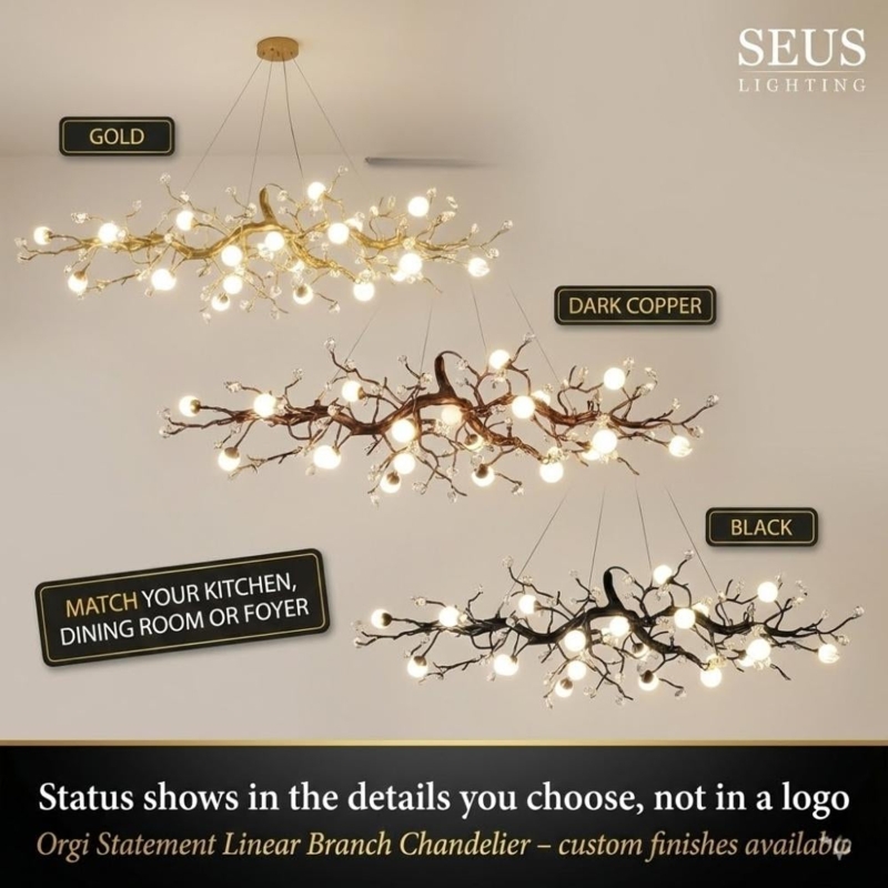 Linear Chandelier Copper Branching Silhouette Frosted Globes Organic