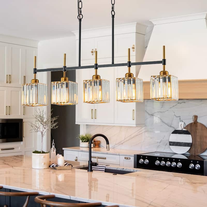 Linear Chandelier Crystal Shades Black and Gold Frame Modern