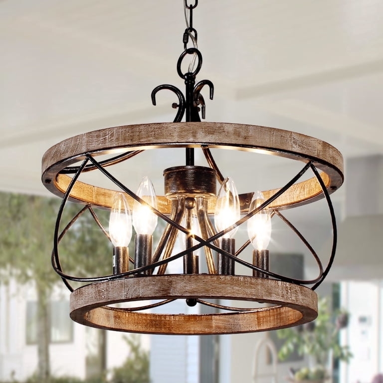 Linear Chandelier Distressed Wood X Brace Cage Five Light Design