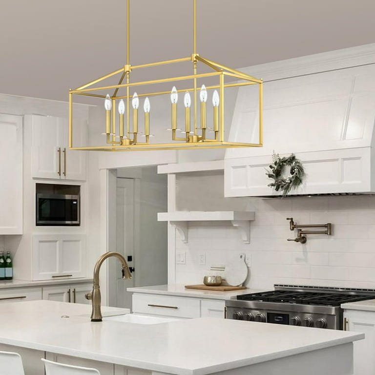 Linear Chandelier Eight Light Gold Open Frame Rectangular Island