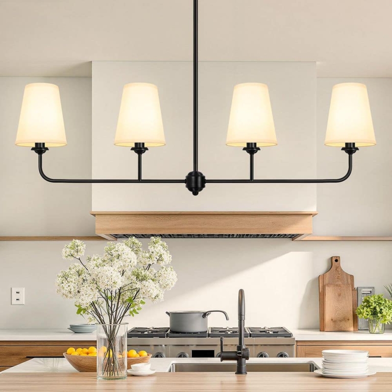 Linear Chandelier Fabric Shades Frame Four Light Dining Room Lighting