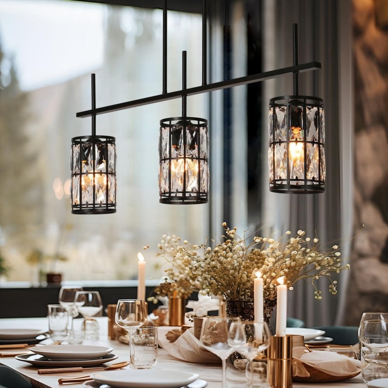 Linear Chandelier Faceted Crystal Shades Matte Black Modern Glam