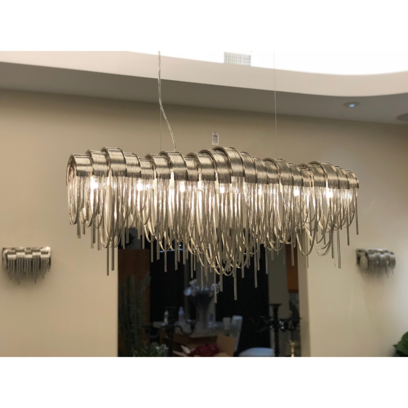 Linear Chandelier Gold Chain Link Fringe Glam Dining Lighting