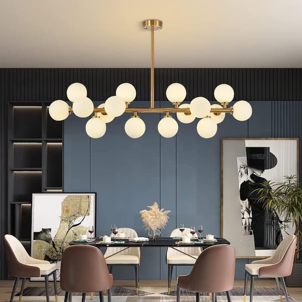 Linear Chandelier Gold Staggered Arms White Glass Globes Glam (72 characters)