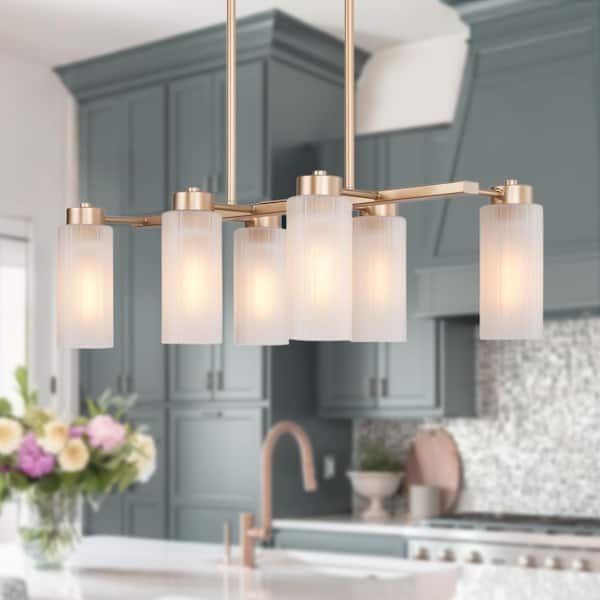 Linear Chandelier: Horizontal Bar Design, 6 Frosted White Cylinders