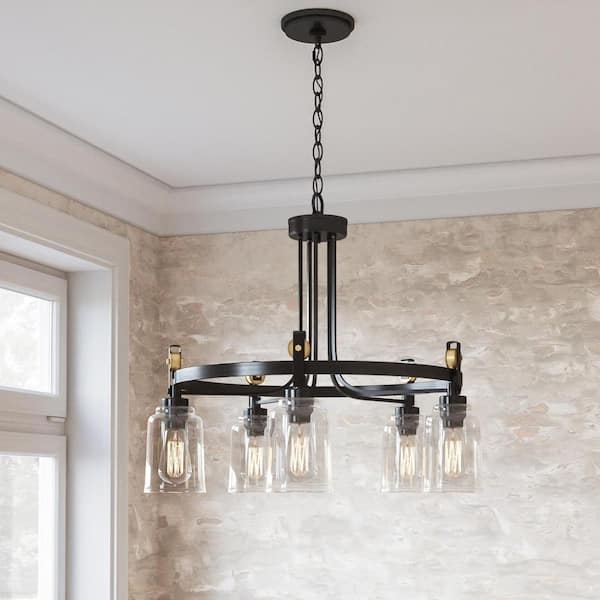 Linear Chandelier in Blackened Bronze with Five Clear Glass Globes