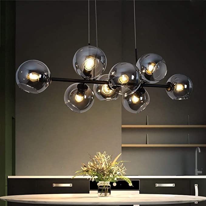 Linear Chandelier Matte Black Eight Light Globes Minimalist Modern