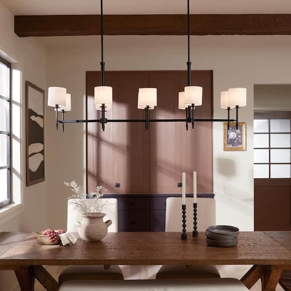 Linear Chandelier Matte Black Ten Light Cylindrical Shades Dining Room