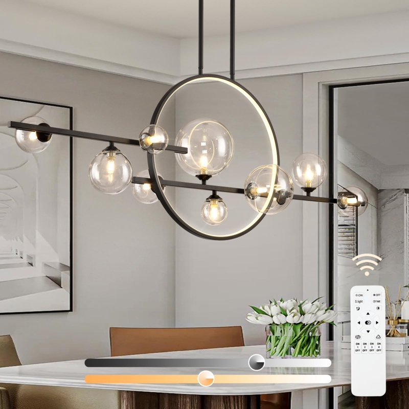 Linear Chandelier Matte Black Ten Light Span Spherical Shades