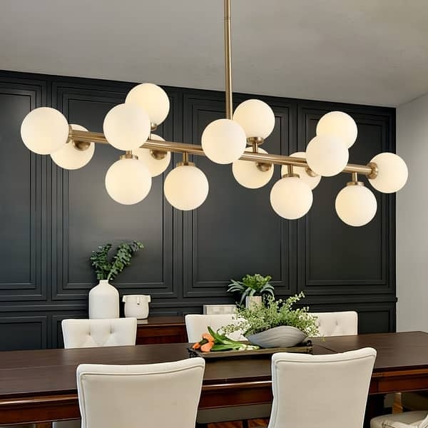 Linear Chandelier Mid Century Dining Brass Frosted Glass Globes (73 characters)