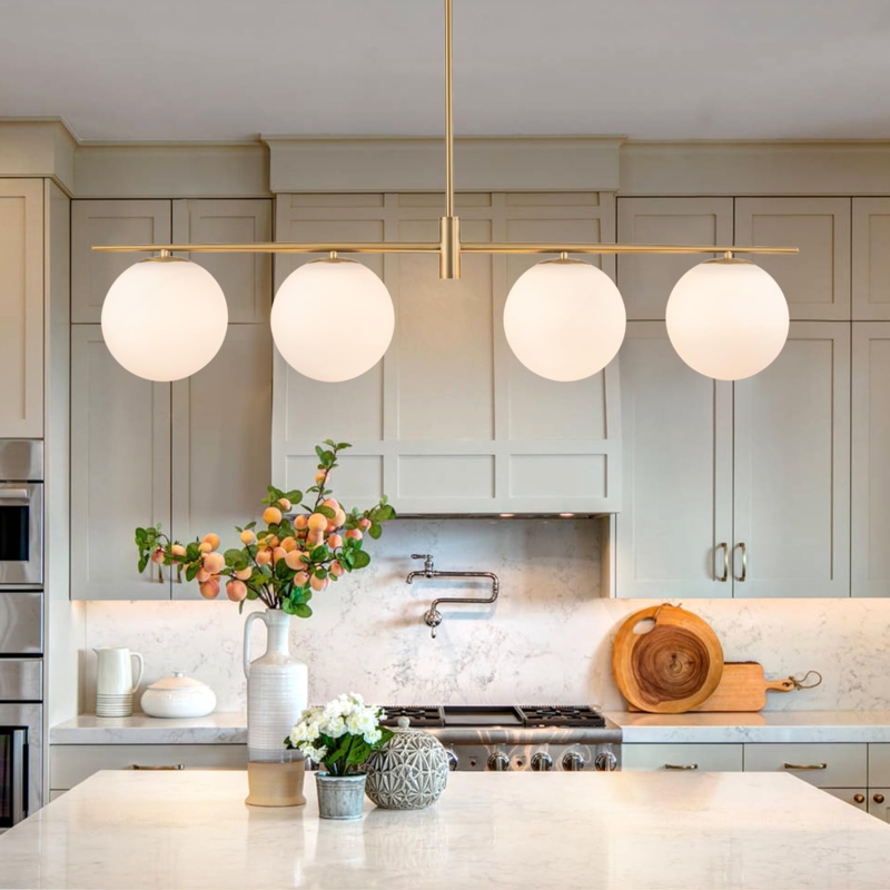 Linear Chandelier: Milk Glass Globes, Brushed Gold Finish, Mid-Century
