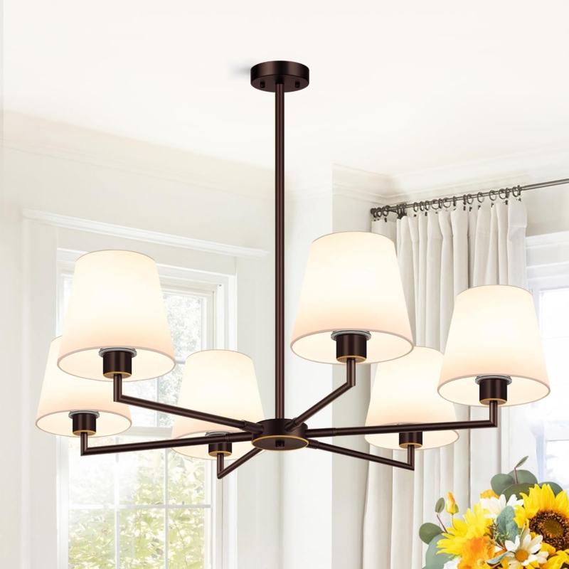 Linear Chandelier Oil Rubbed Bronze Fabric Drum Shades Six Light Dining
